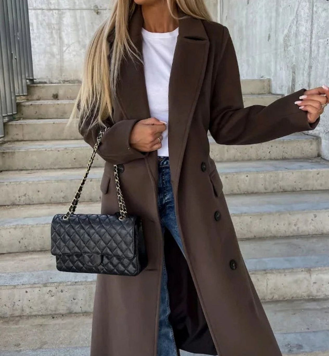 Women's Long Lapel Double Button Front Coat - Dark Brown