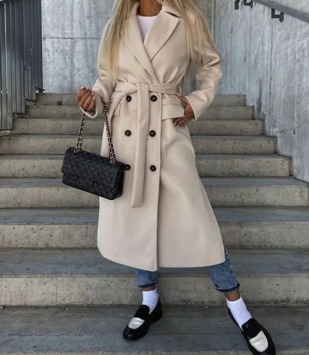 Women's Long Lapel Double Button Front Coat - Khaki