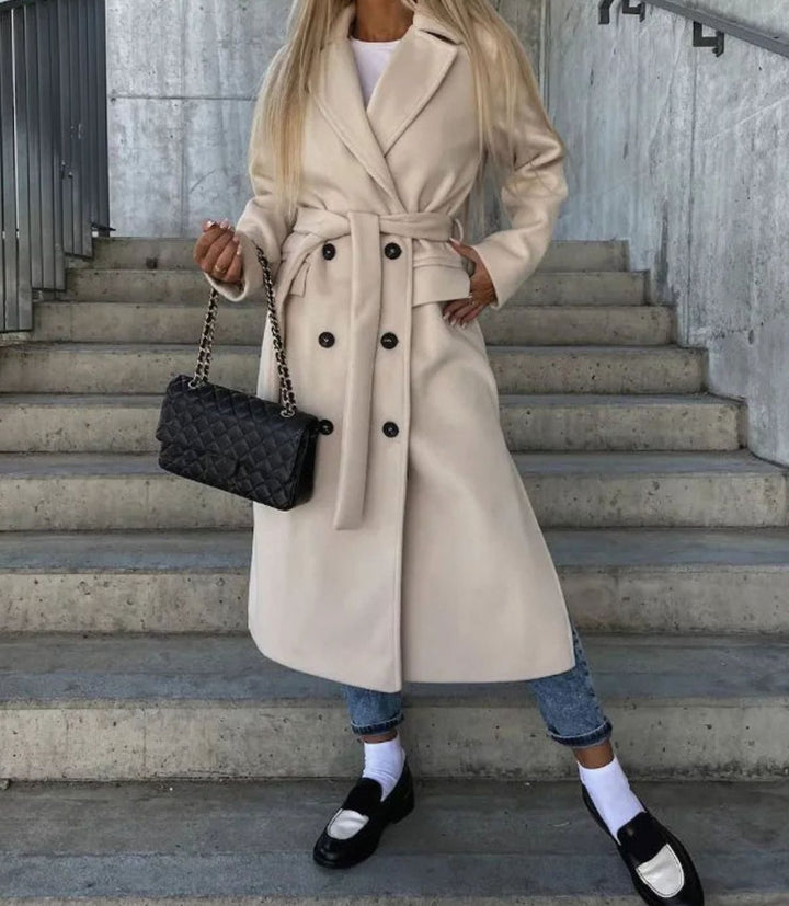 Women's Long Lapel Double Button Front Coat - Khaki