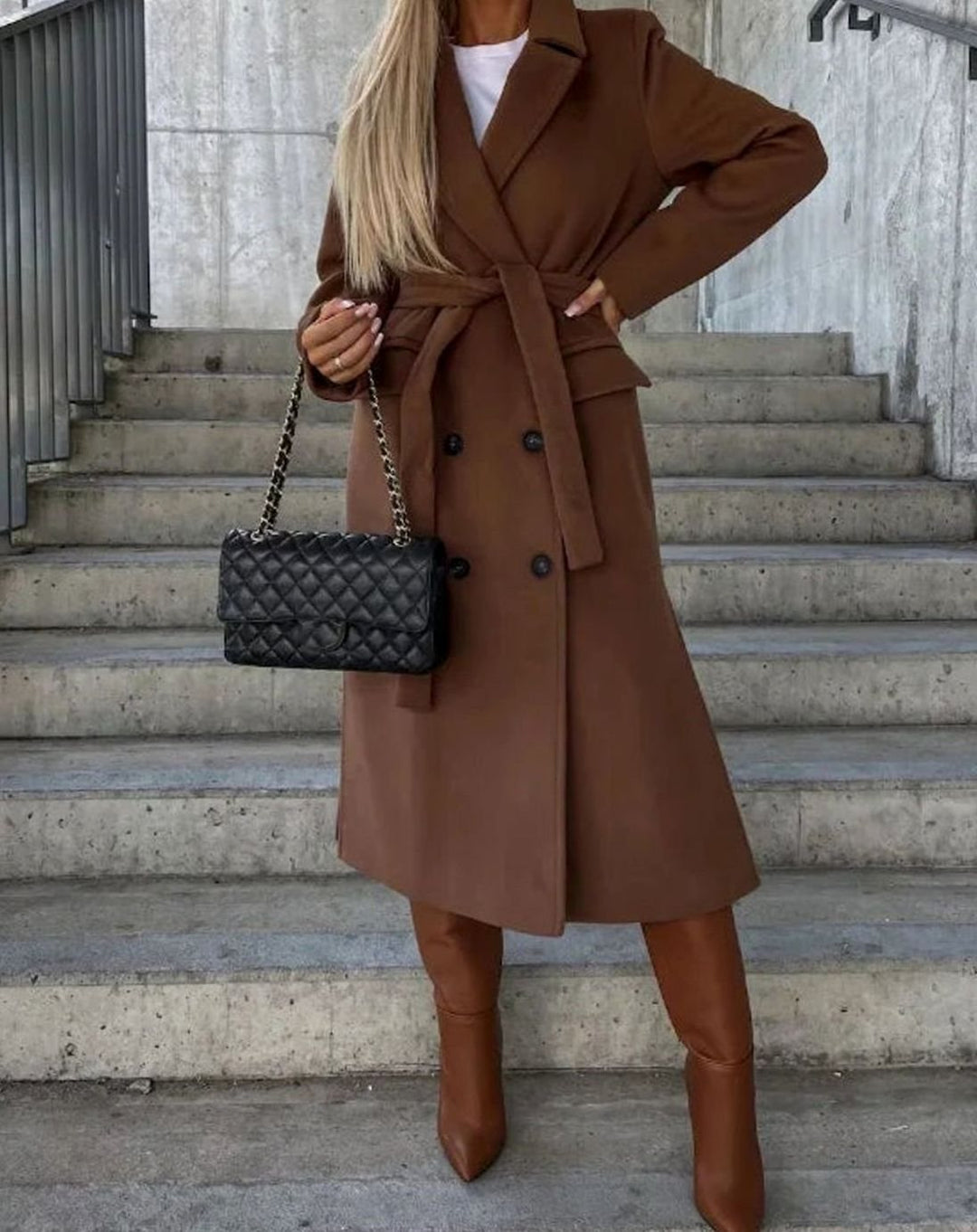 Women's Long Lapel Double Button Front Coat - Brown