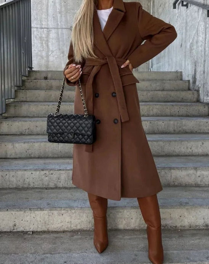 Women's Long Lapel Double Button Front Coat - Brown