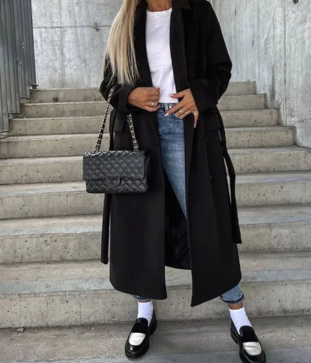 Women's Long Lapel Double Button Front Coat - Black