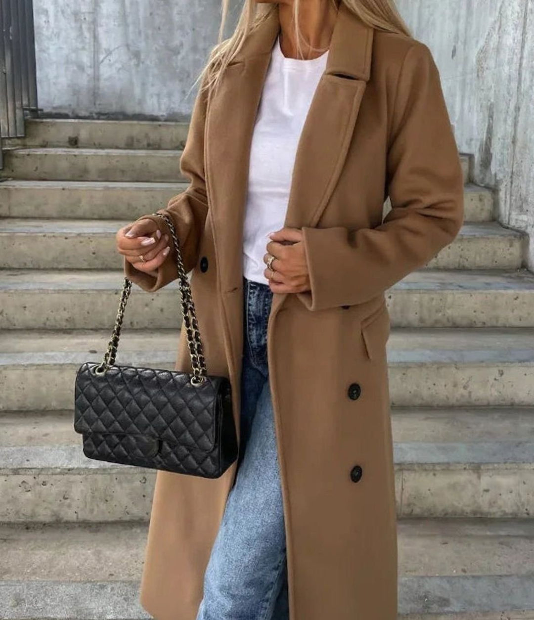 Women's Long Lapel Double Button Front Coat - Light Brown