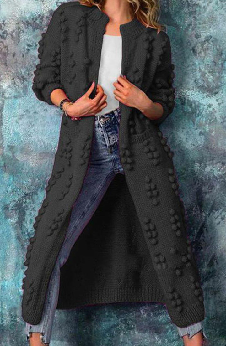 Women's Long Open-Front Pom-Pom Textured Cardigan Sweater - Black