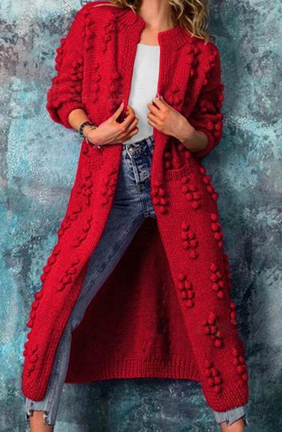 Women's Long Open-Front Pom-Pom Textured Cardigan Sweater - Red