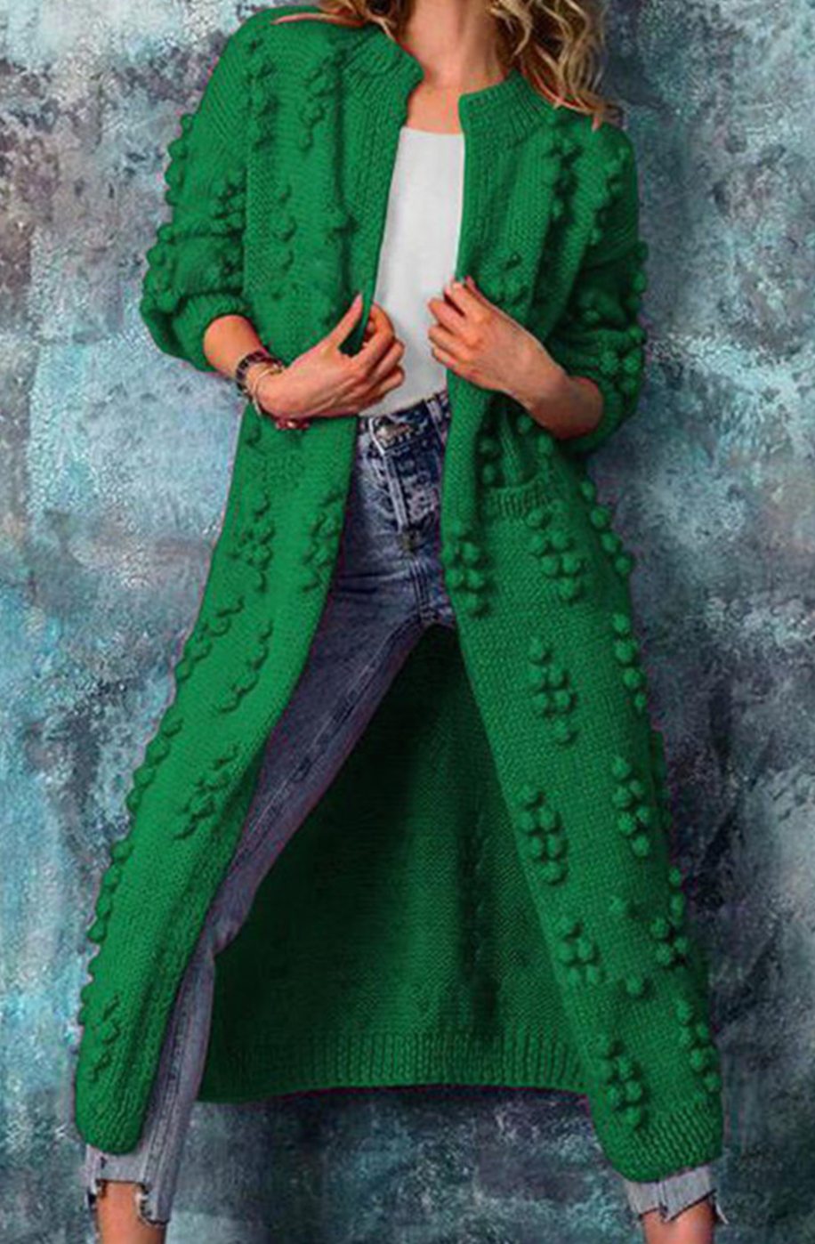 Women's Long Open-Front Pom-Pom Textured Cardigan Sweater - Green