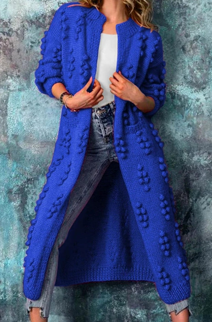 Women's Long Open-Front Pom-Pom Textured Cardigan Sweater - Blue