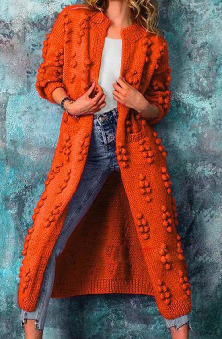 Women's Long Open-Front Pom-Pom Textured Cardigan Sweater - Orange