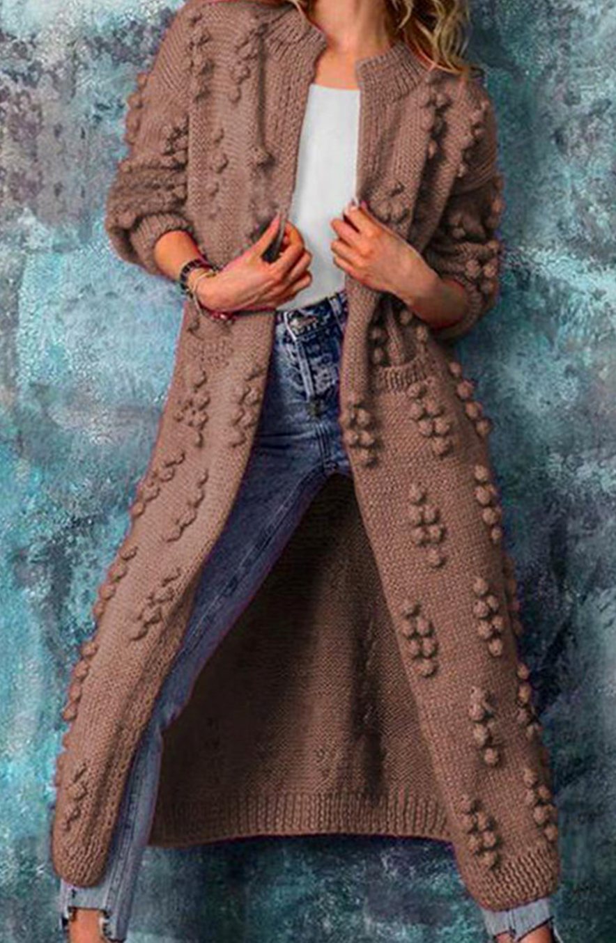 Women's Long Open-Front Pom-Pom Textured Cardigan Sweater - Brown