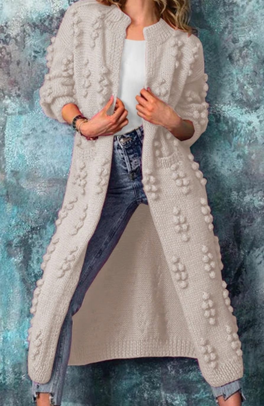 Women's Long Open-Front Pom-Pom Textured Cardigan Sweater - Beige