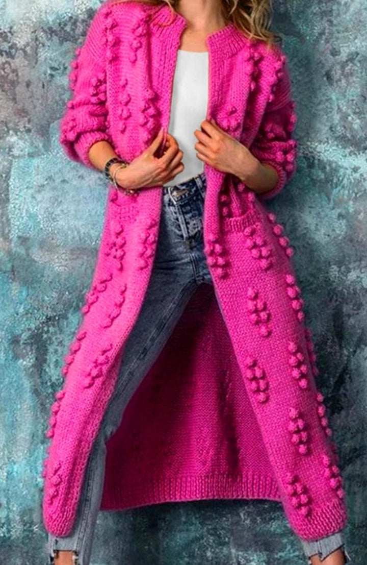 Women's Long Open-Front Pom-Pom Textured Cardigan Sweater - Pink