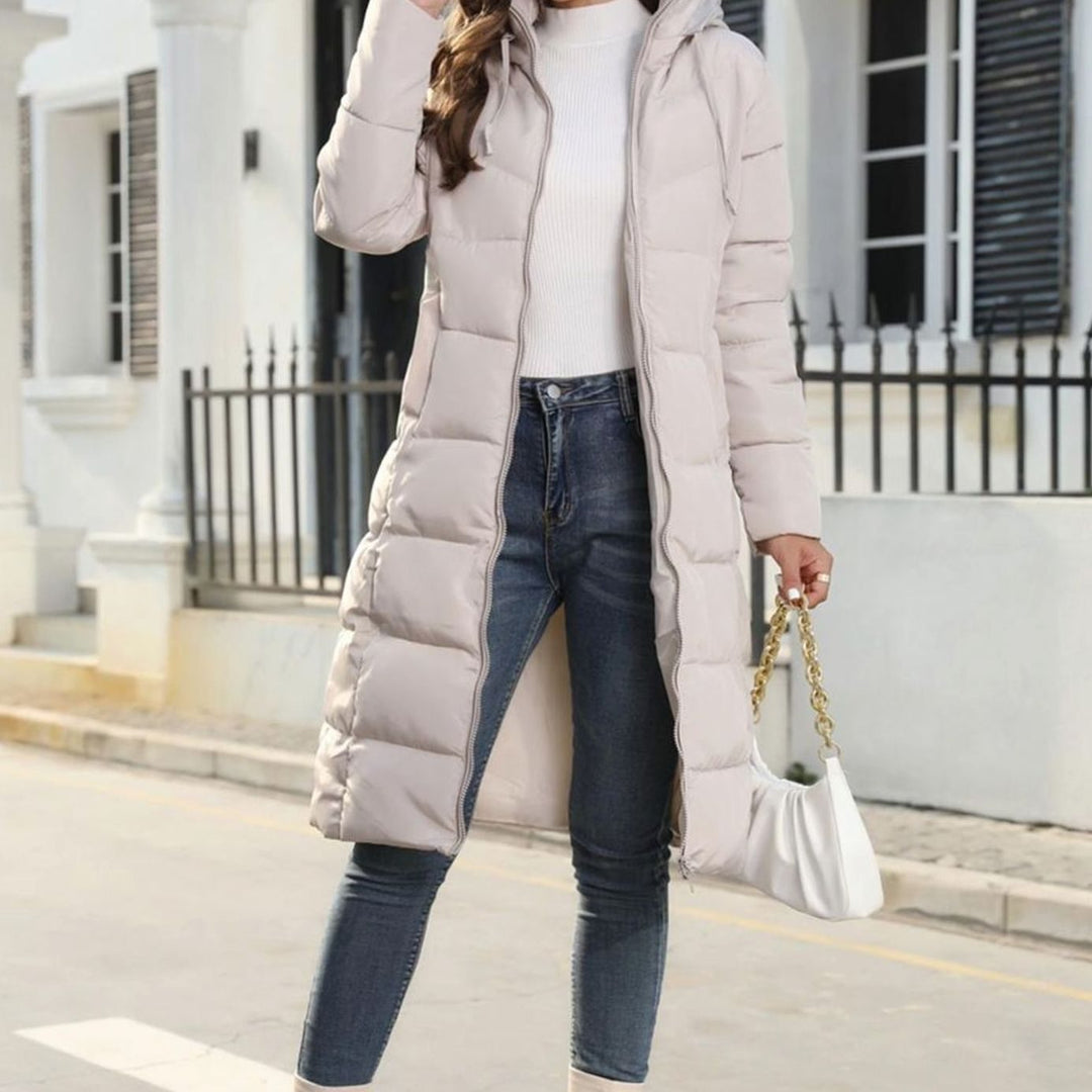 Women's Long Quilted Hooded Zipper-Front Winter Coat - Beige
