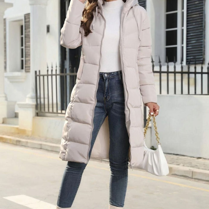 Women's Long Quilted Hooded Zipper-Front Winter Coat - Beige