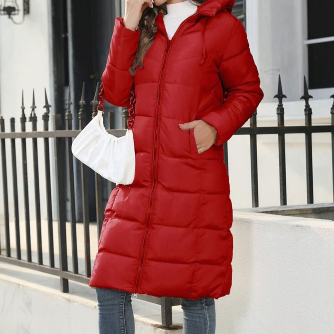 Women's Long Quilted Hooded Zipper-Front Winter Coat - Red