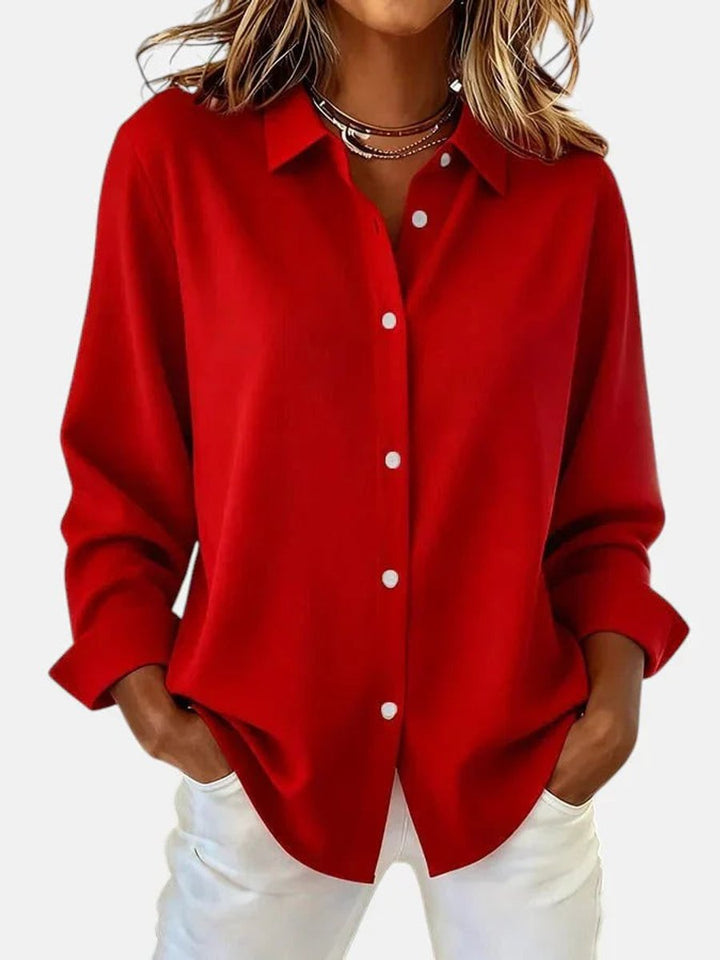 Women's Long-Sleeve Button-Down Collared Blouse - Red