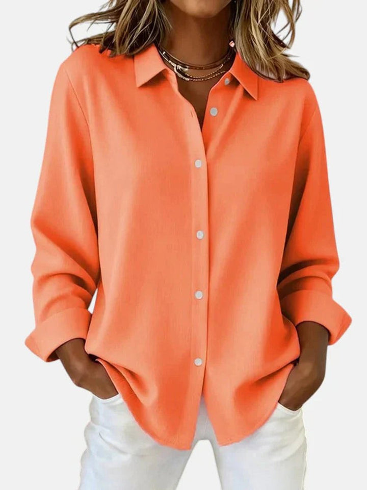 Women's Long-Sleeve Button-Down Collared Blouse - Orange