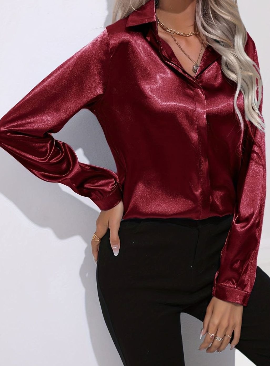 Women's Long-Sleeve Button-Down Satin Blouses - Dark Red