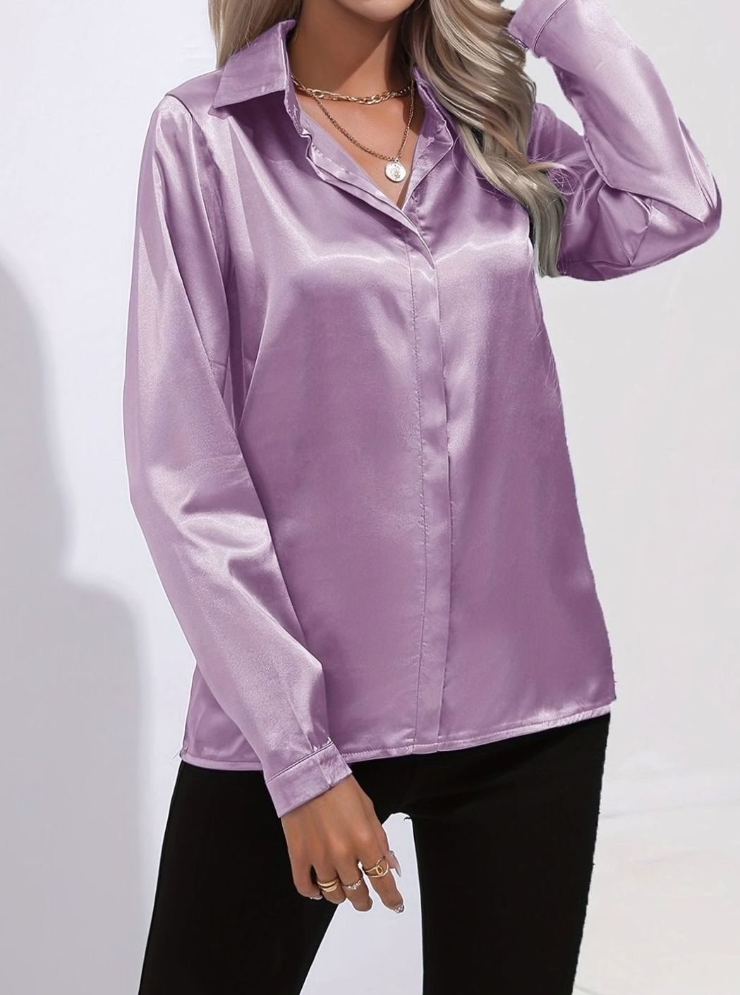 Women's Long-Sleeve Button-Down Satin Blouses