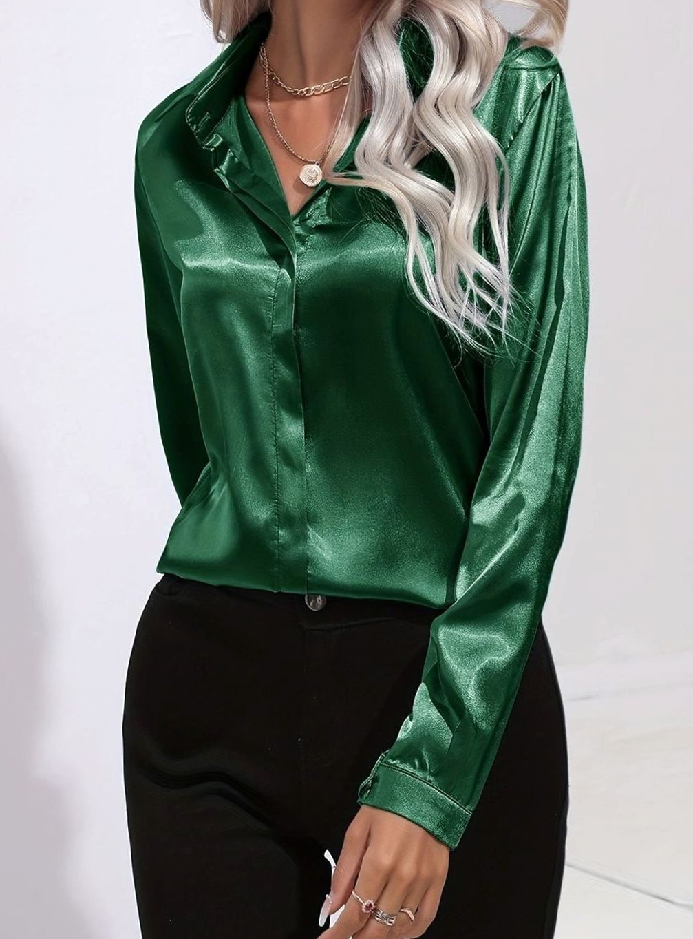 Women's Long-Sleeve Button-Down Satin Blouses - Dark Green