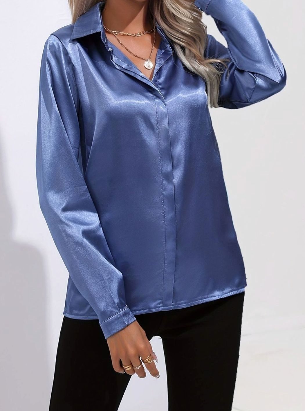 Women's Long-Sleeve Button-Down Satin Blouses