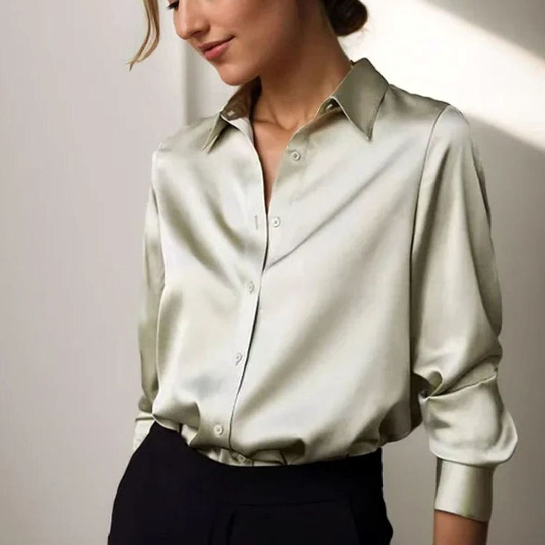 Women's Long Sleeve Button-Down Satin Blouses Collared - Green