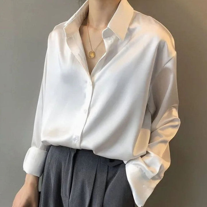 Women's Long Sleeve Button-Down Satin Blouses Collared - White