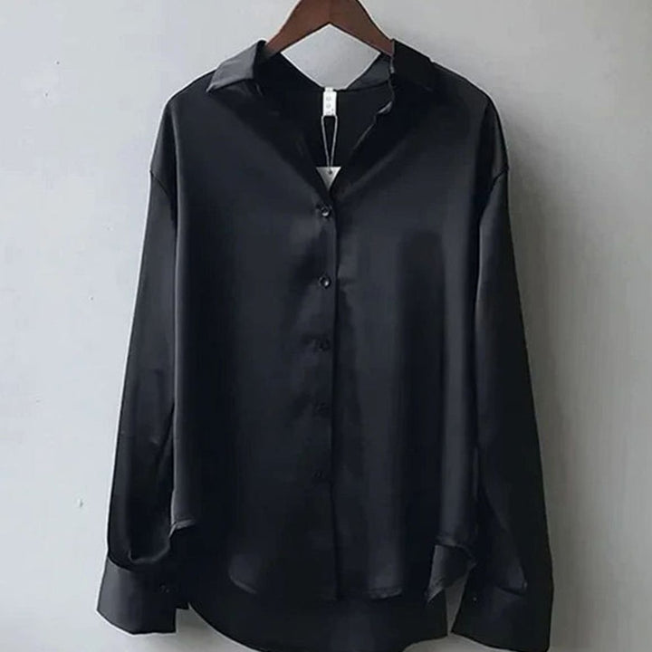 Women's Long Sleeve Button-Down Satin Blouses Collared - Black