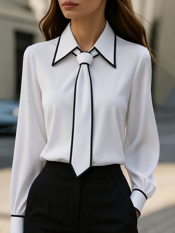 Women's Long Sleeve Contrast Trim Tie Neck Button-Down Blouse - White