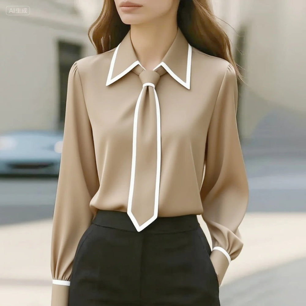 Women's Long Sleeve Contrast Trim Tie Neck Button-Down Blouse - Beige