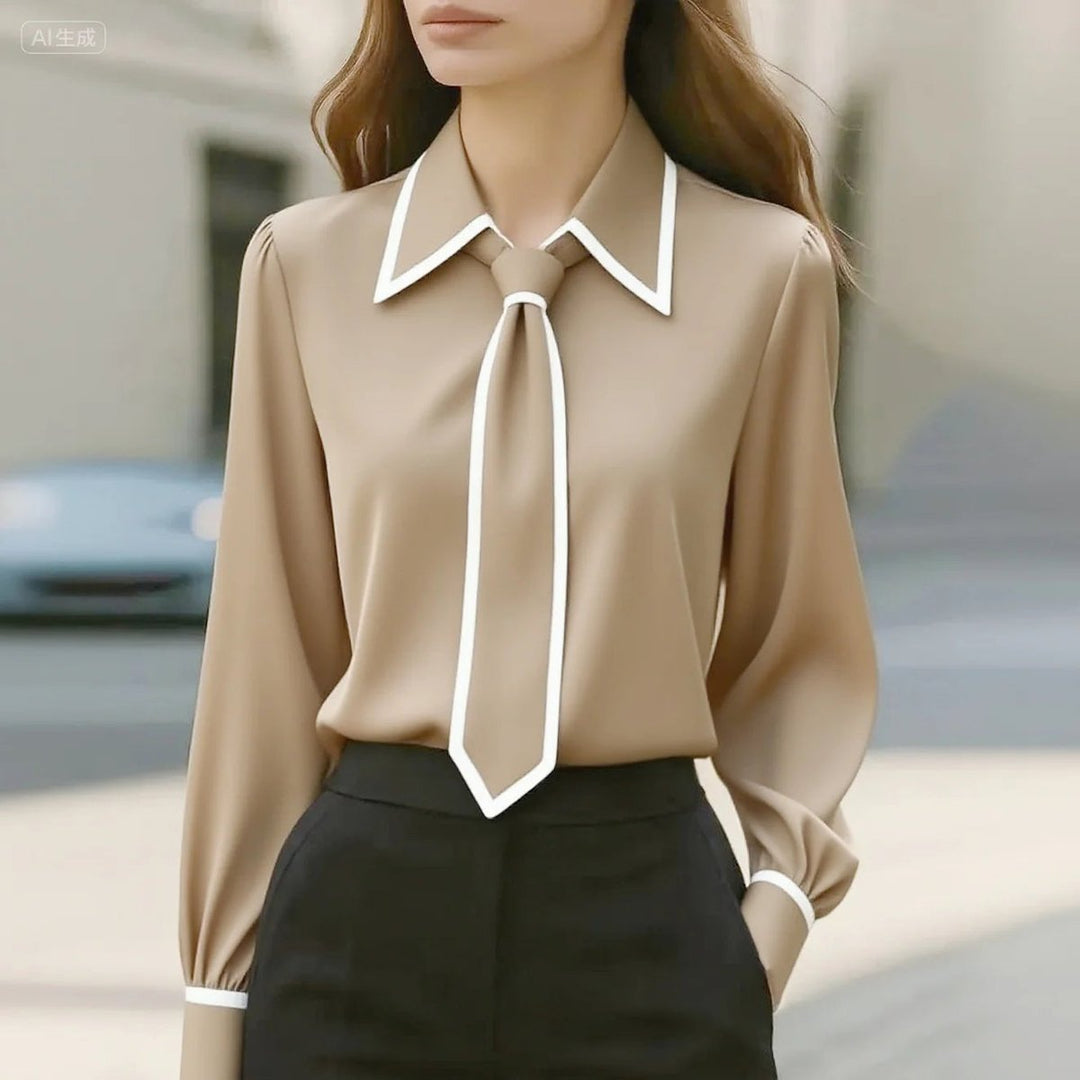 Women's Long Sleeve Contrast Trim Tie Neck Button-Down Blouse - Beige