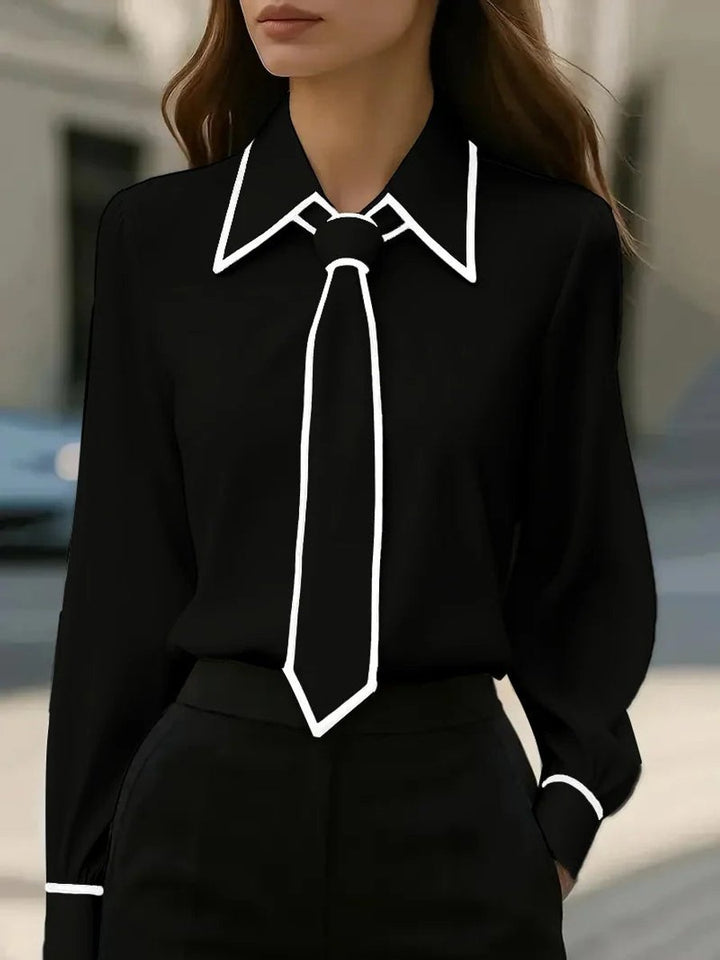 Women's Long Sleeve Contrast Trim Tie Neck Button-Down Blouse - Black