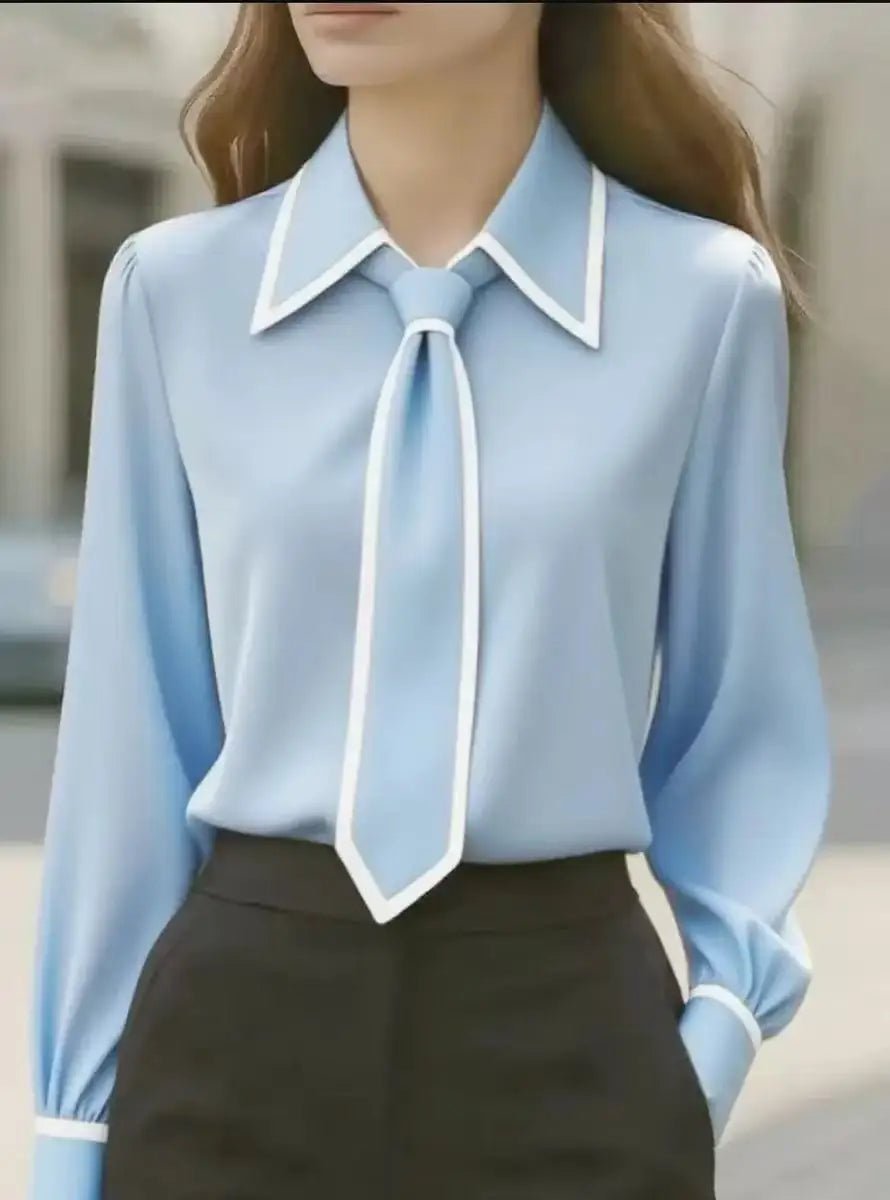 Women's Long Sleeve Contrast Trim Tie Neck Button-Down Blouse - Sky Blue