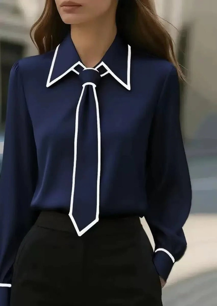 Women's Long Sleeve Contrast Trim Tie Neck Button-Down Blouse - Navy Blue
