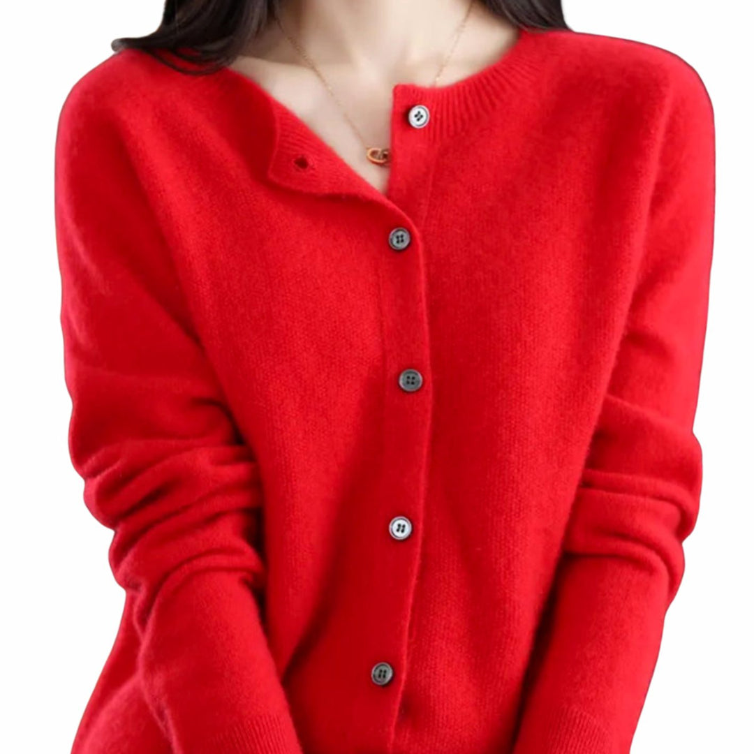 Women's Long Sleeve Crew Neck Button Merino Wool Cardigan Sweater