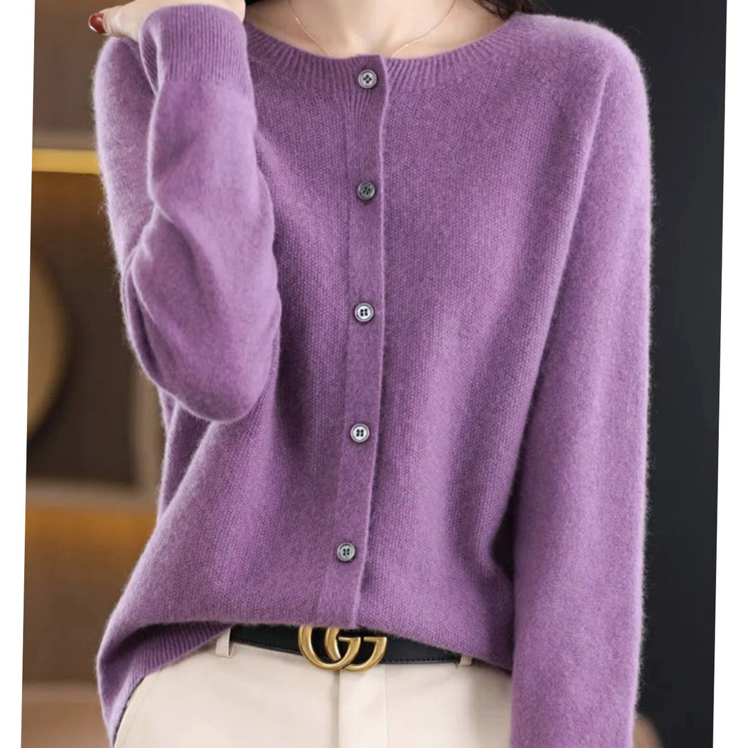 Women's Long Sleeve Crew Neck Button Merino Wool Cardigan Sweater - Purple