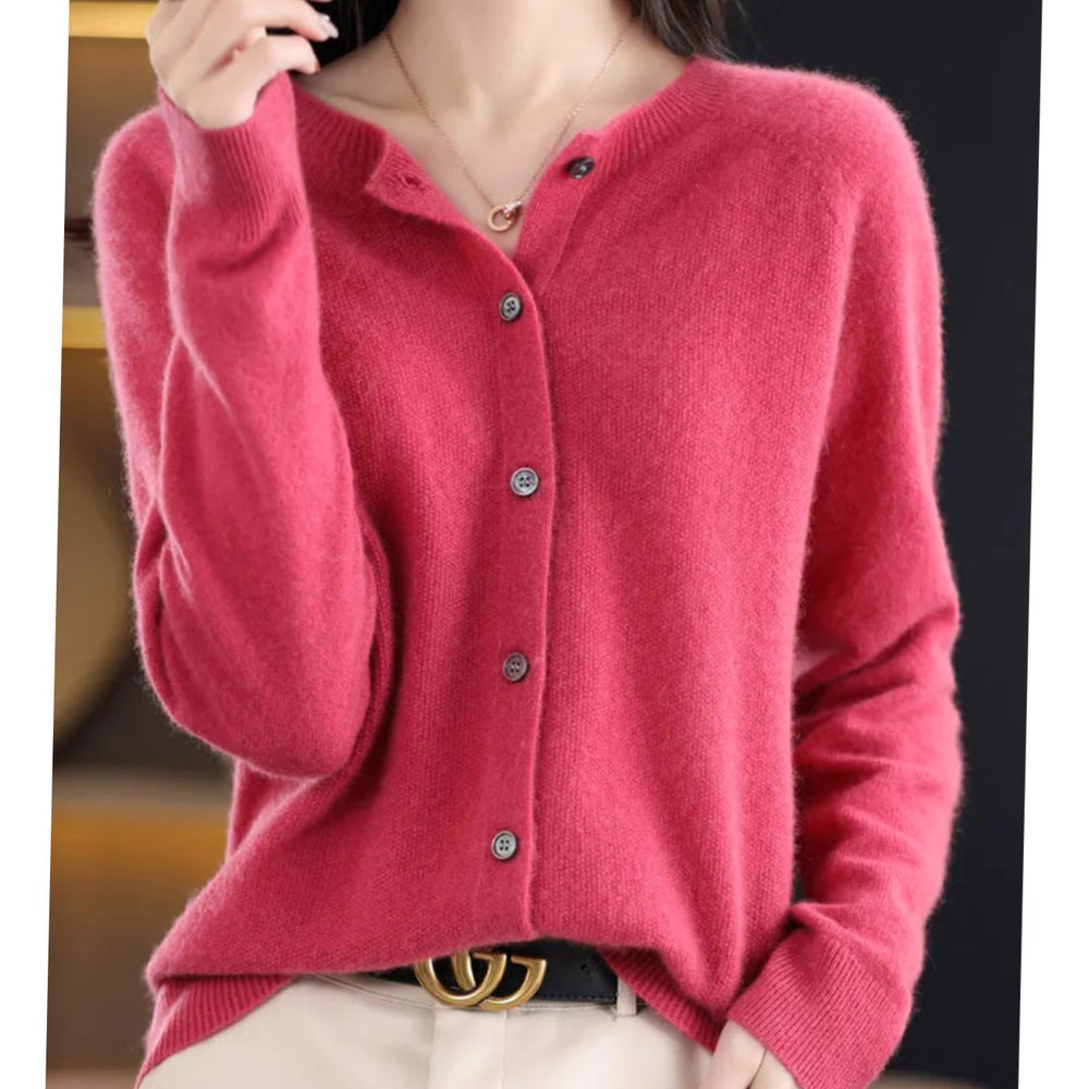 Women's Long Sleeve Crew Neck Button Merino Wool Cardigan Sweater - Dark Pink