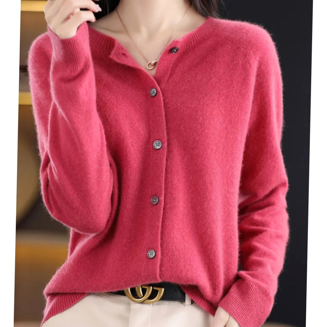 Women's Long Sleeve Crew Neck Button Merino Wool Cardigan Sweater - Dark Pink