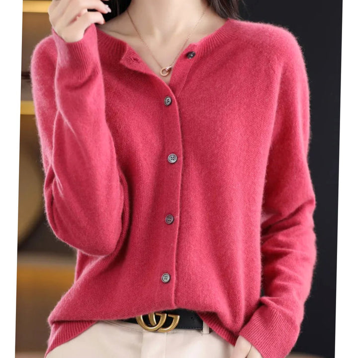 Women's Long Sleeve Crew Neck Button Merino Wool Cardigan Sweater - Dark Pink