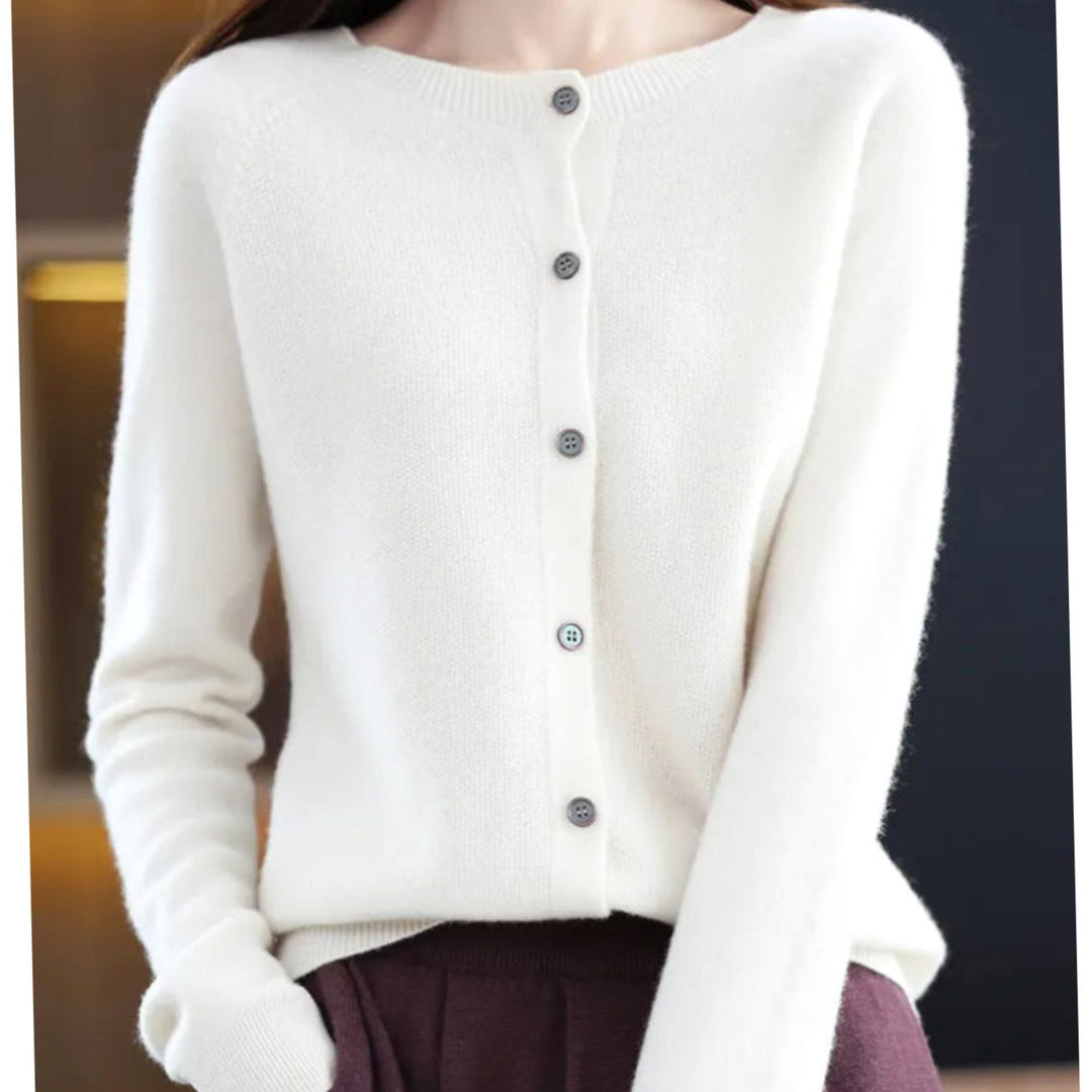 Women's Long Sleeve Crew Neck Button Merino Wool Cardigan Sweater - White