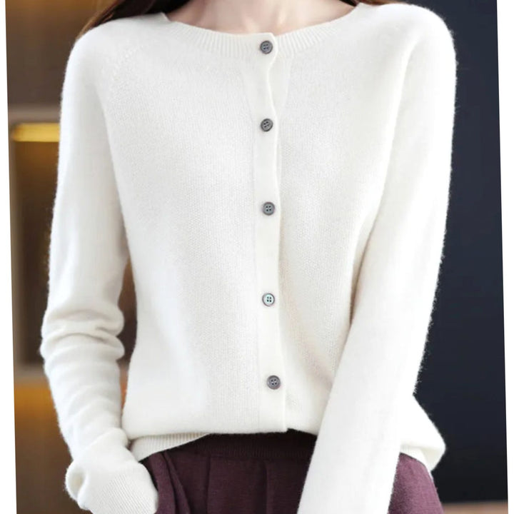 Women's Long Sleeve Crew Neck Button Merino Wool Cardigan Sweater - White