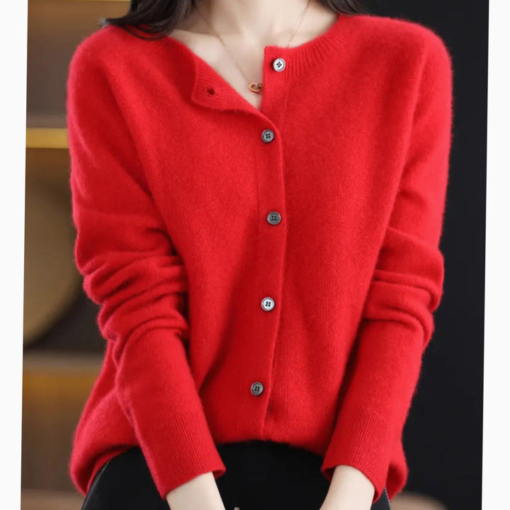 Women's Long Sleeve Crew Neck Button Merino Wool Cardigan Sweater - Red
