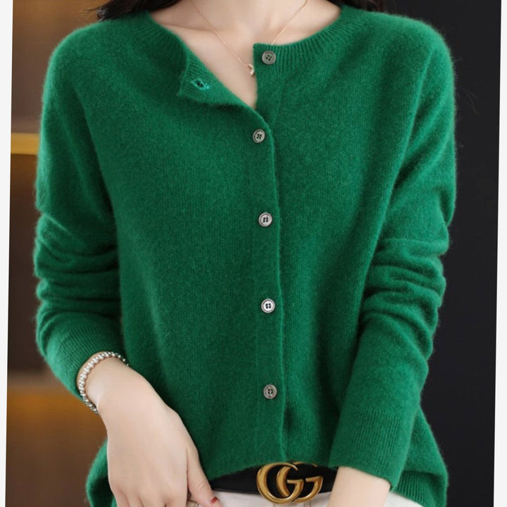 Women's Long Sleeve Crew Neck Button Merino Wool Cardigan Sweater - Dark Green