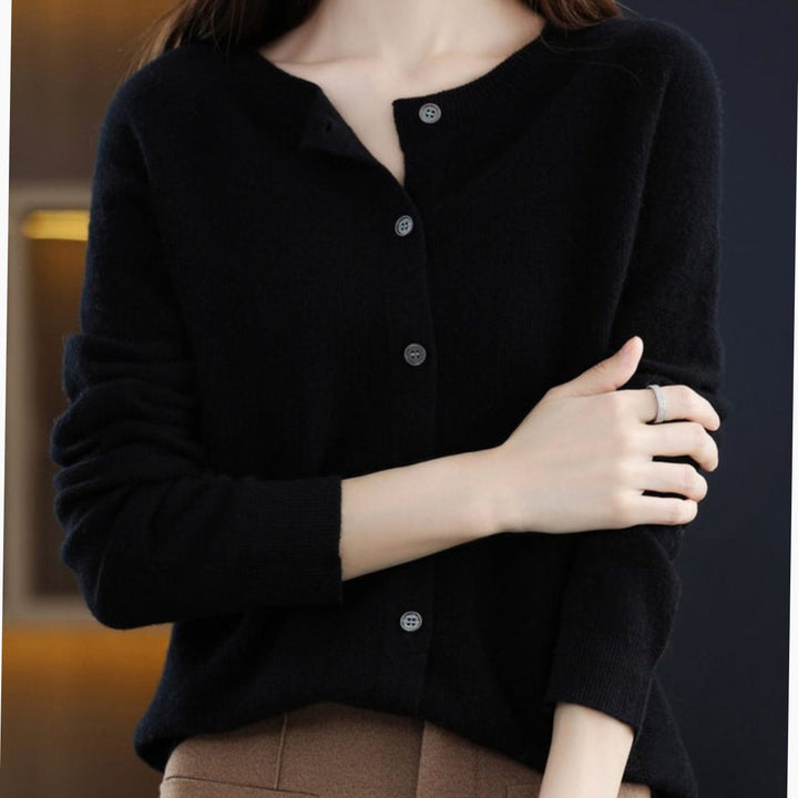 Women's Long Sleeve Crew Neck Button Merino Wool Cardigan Sweater - Black