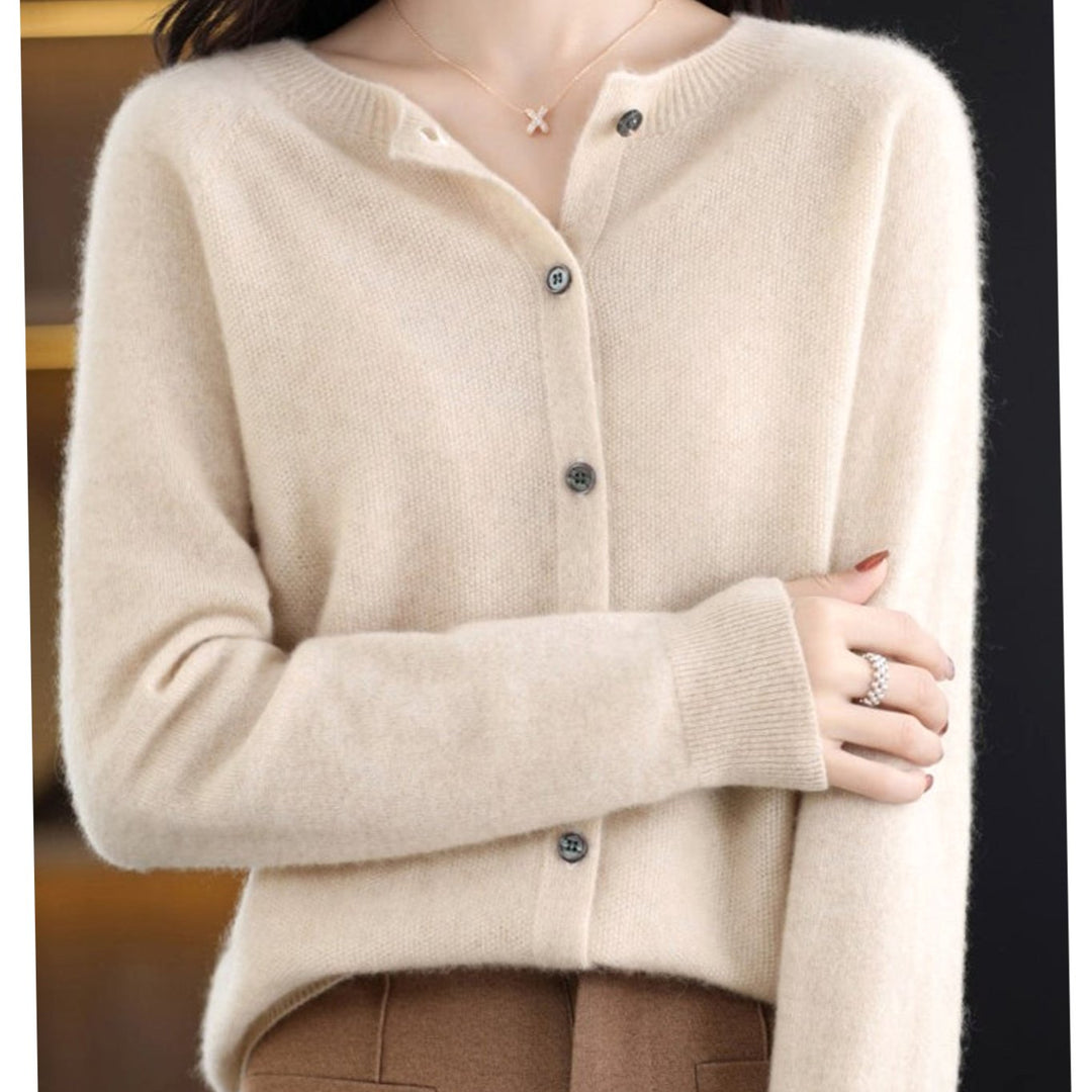 Women's Long Sleeve Crew Neck Button Merino Wool Cardigan Sweater