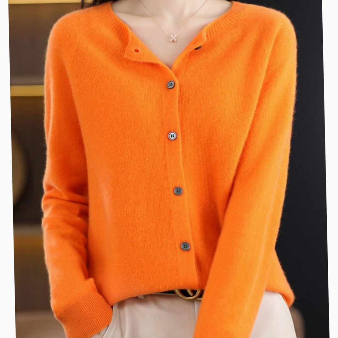 Women's Long Sleeve Crew Neck Button Merino Wool Cardigan Sweater - Orange