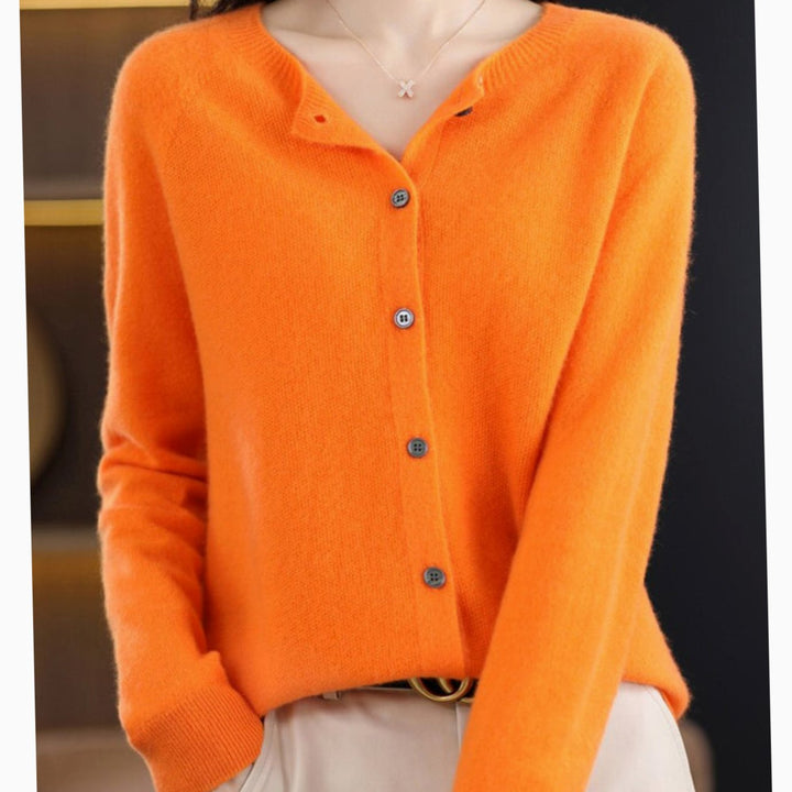 Women's Long Sleeve Crew Neck Button Merino Wool Cardigan Sweater - Orange