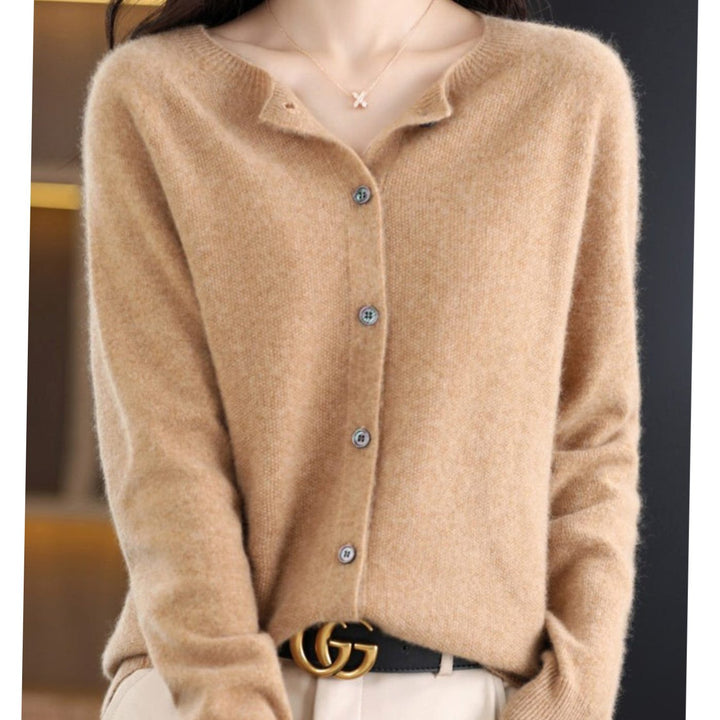 Women's Long Sleeve Crew Neck Button Merino Wool Cardigan Sweater - Beige