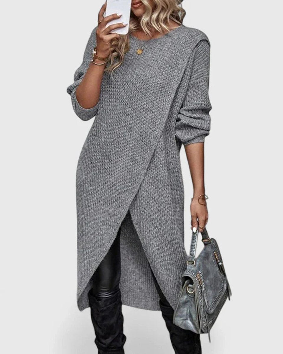 Women's Long-Sleeve Crossover Hem Knit Sweater Dress - Gray