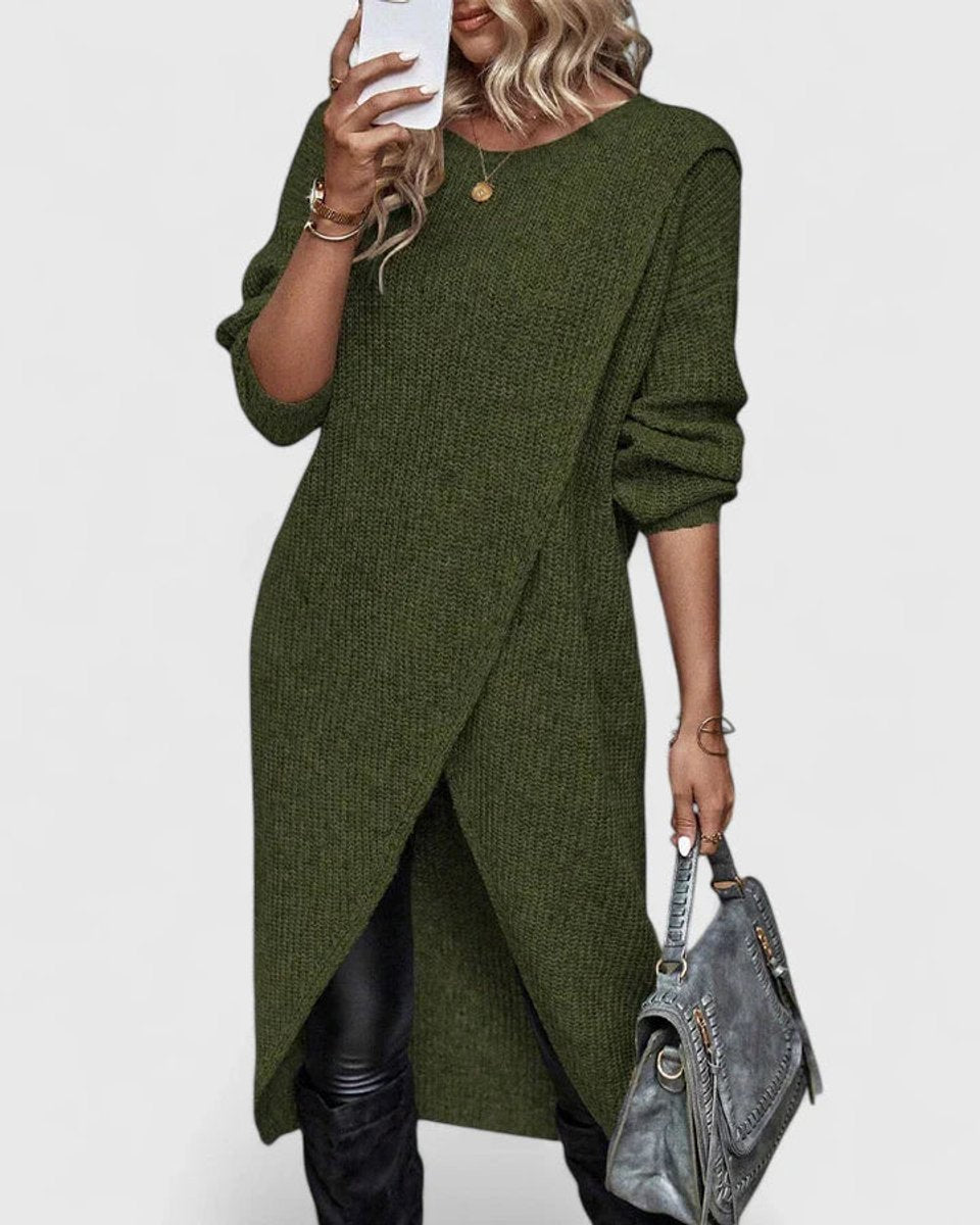 Women's Long-Sleeve Crossover Hem Knit Sweater Dress - Green