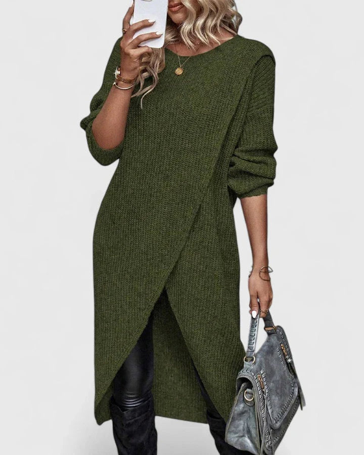 Women's Long-Sleeve Crossover Hem Knit Sweater Dress - Green